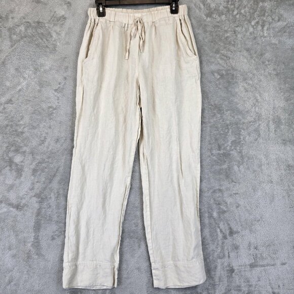 Parachute Linen Pants Womens Small Beige Drawstring Elastic Waist Pockets Lounge - Picture 1 of 13